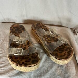 I.D. Required Leopard Print Clear Strap Platform Espadrille Sandals Womens